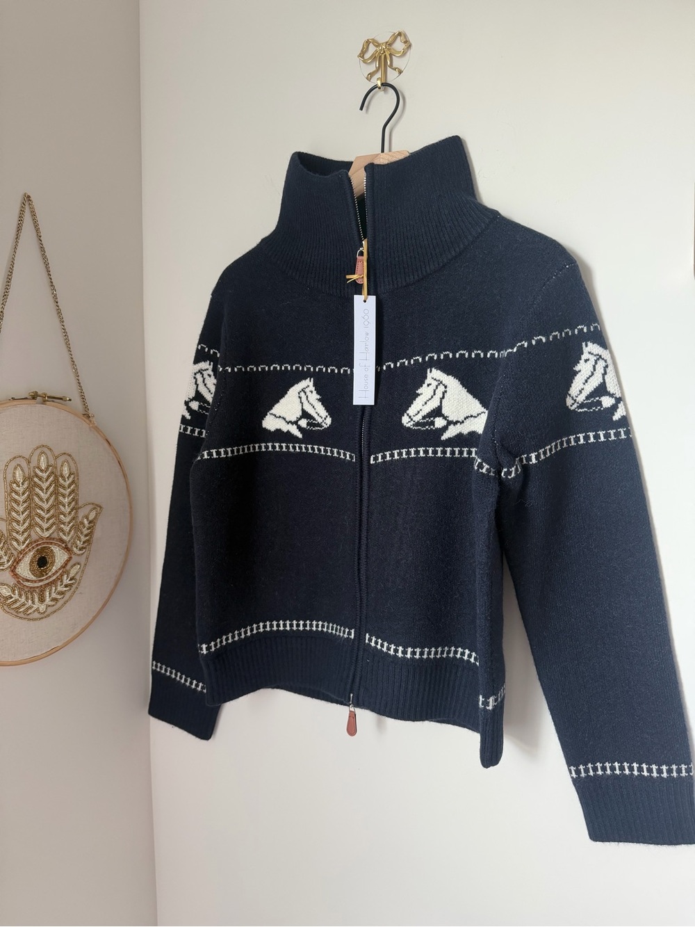 House of Harlow 1960 Navy Zip Up knit Sweater with White Horse pattern